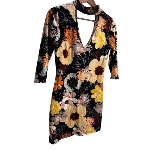 Womens Mini Dress Oriental Retro Print Velvet Bodycon Cut Out Dress Small V Neck - Picture 2 of 13